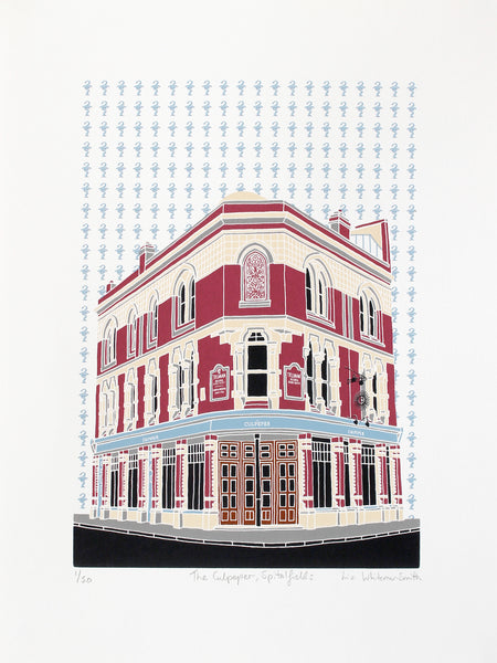 Screen print of the Culpeper pub in Spitalfields by Liz Whiteman Smith