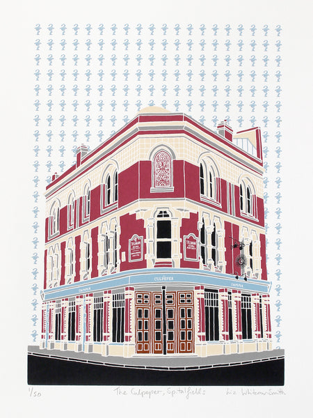 Screen print of the Culpeper pub in Spitalfields by Liz Whiteman Smith