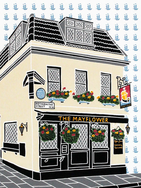 Mayflower pub screen print by Liz Whiteman Smith