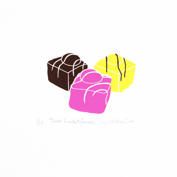 Three fondant fancies mini screen print