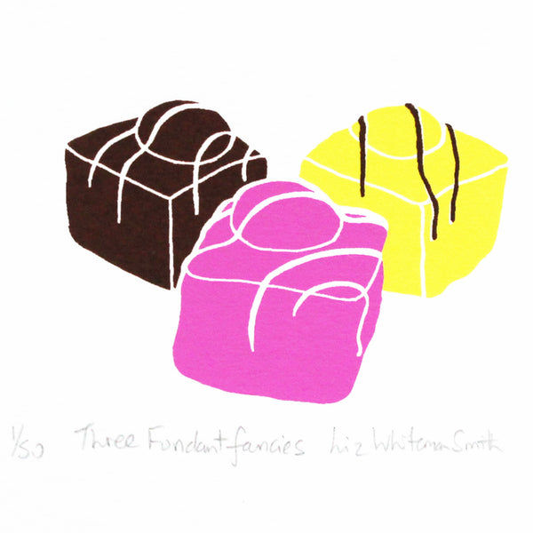 Three fondant fancies mini screen print