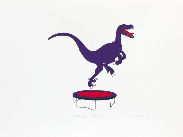 Purple velociraptor bouncing up and down on a tiny trampoline 