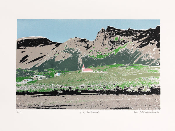 Scene of Vik in Iceland screen print by Liz Whiteman Smith