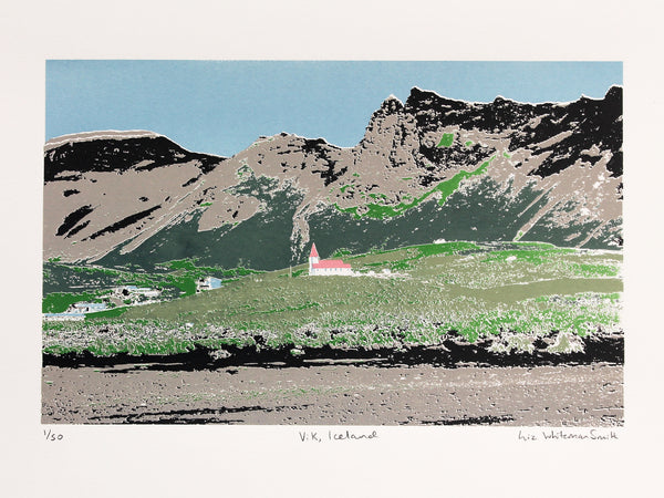 Scene of Vik in Iceland screen print by Liz Whiteman Smith