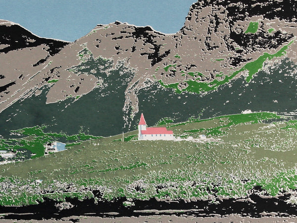 Scene of Vik in Iceland screen print by Liz Whiteman Smith