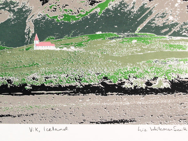 Scene of Vik in Iceland screen print by Liz Whiteman Smith