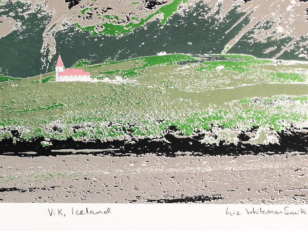 Scene of Vik in Iceland screen print by Liz Whiteman Smith