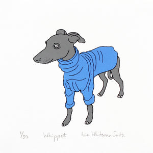 Grey whippet dog in a blue coat screen print by Liz Whiteman Smith