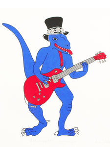 Blue dinosaur playing a red Les Paul Gibson guitar print by Liz Whiteman Smith