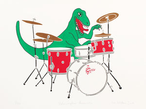 Green dinosaur playing the drums print by Liz Whiteman Smith