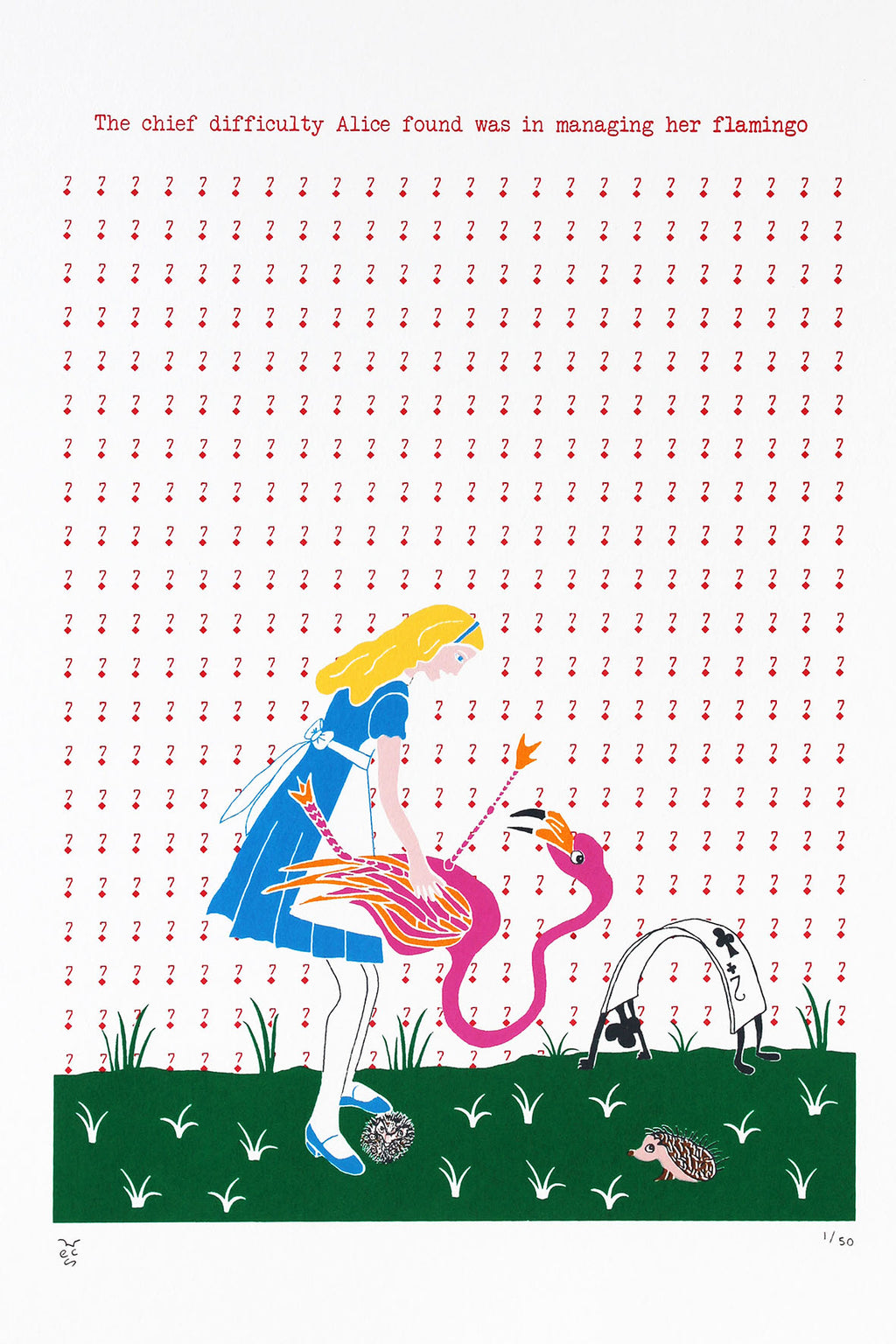 Alice in Wonderland holding a pink flamingo playing croquet with two hedgehogs print