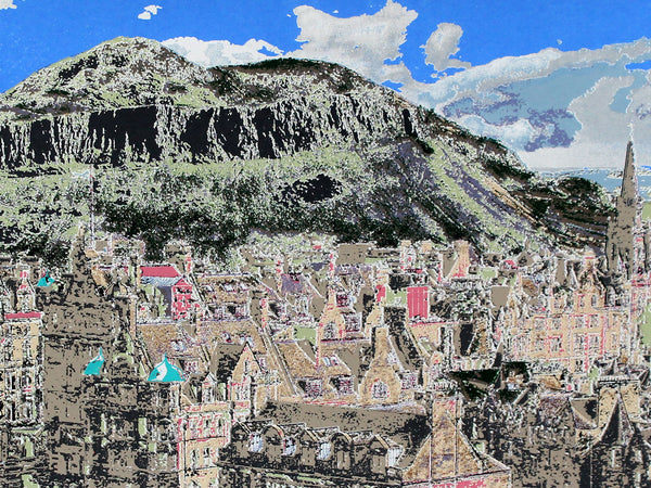 Collage of a Scottish mountainous landscape with buildings and text, resembling a cityscape.