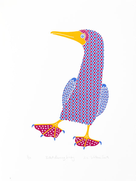 Ballet dancing booby bird with magenta pink heat patterned feet in blue and lilac print