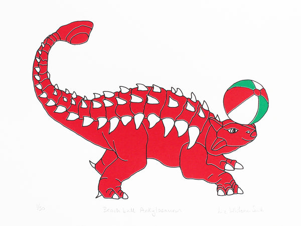 Print of a red dinosaur balancing a beach ball on his nose