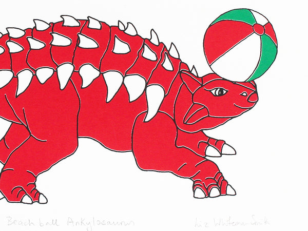 Print of a red dinosaur balancing a beach ball on his nose