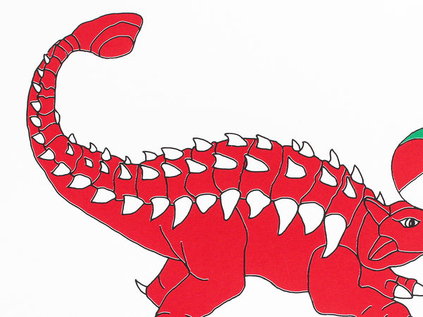 Print of a red dinosaur balancing a beach ball on his nose