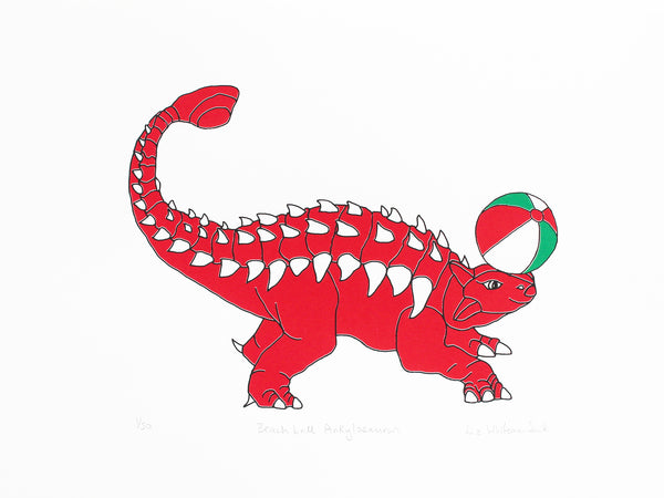 Print of a red dinosaur balancing a beach ball on his nose