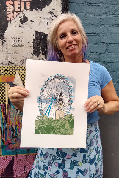 London Eye & Big Ben screen print held by Liz Whiteman Smith