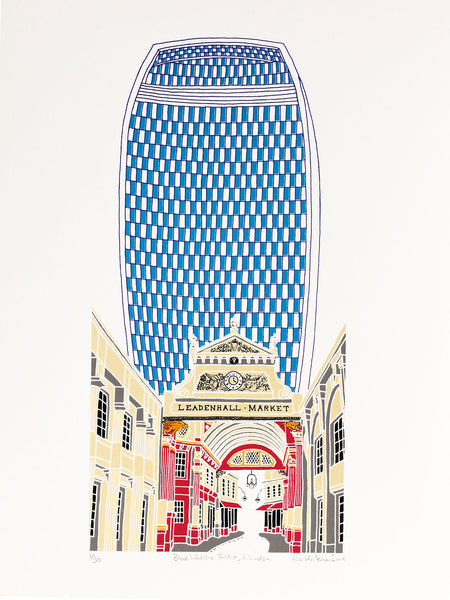 Blue Walkie Talkie building above Leadenhall market in London print