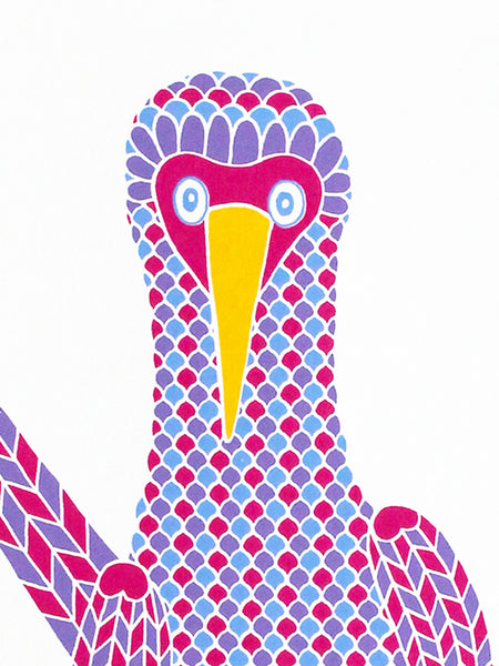 Pink, purple and blue patterned bird with a heart pattern on blue feet print