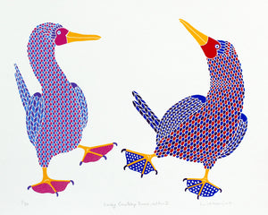 Print of a pair of dancing birds, one with pink, purple and blue with dotty feet and one in red, blue and purple with blue feet with a heart pattern