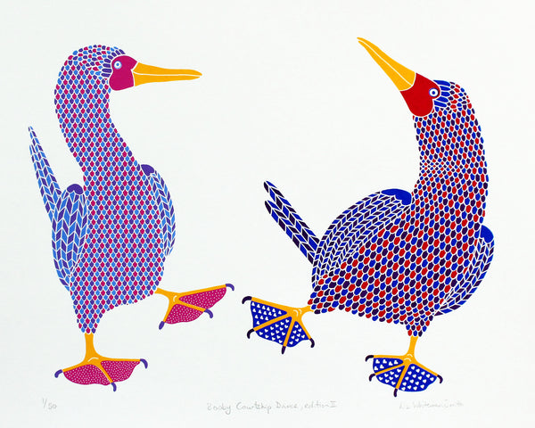 Print of a pair of dancing birds, one with pink, purple and blue with dotty feet and one in red, blue and purple with blue feet with a heart pattern