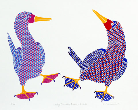 Print of a pair of dancing birds, one with pink, purple and blue with dotty feet and one in red, blue and purple with blue feet with a heart pattern