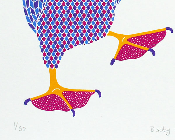 Print of a pair of dancing birds, one with pink, purple and blue with dotty feet and one in red, blue and purple with blue feet with a heart pattern
