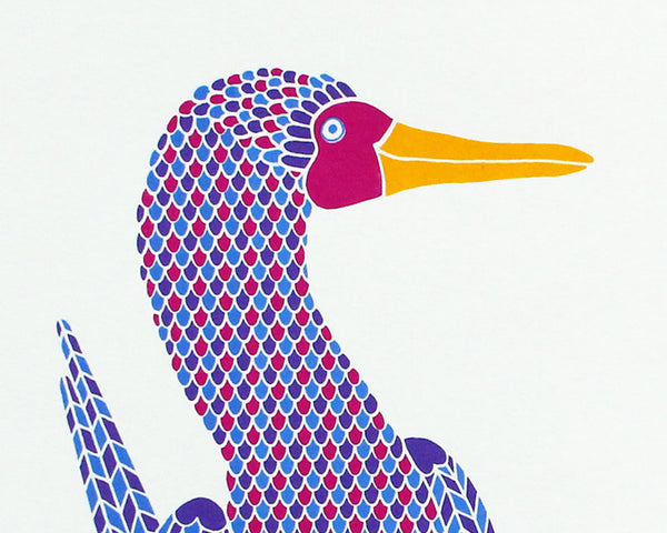 Print of a pair of dancing birds, one with pink, purple and blue with dotty feet and one in red, blue and purple with blue feet with a heart pattern