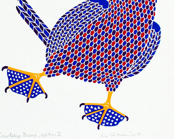 Print of a pair of dancing birds, one with pink, purple and blue with dotty feet and one in red, blue and purple with blue feet with a heart pattern