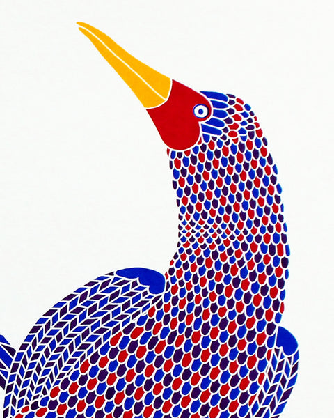 Print of a pair of dancing birds, one with pink, purple and blue with dotty feet and one in red, blue and purple with blue feet with a heart pattern