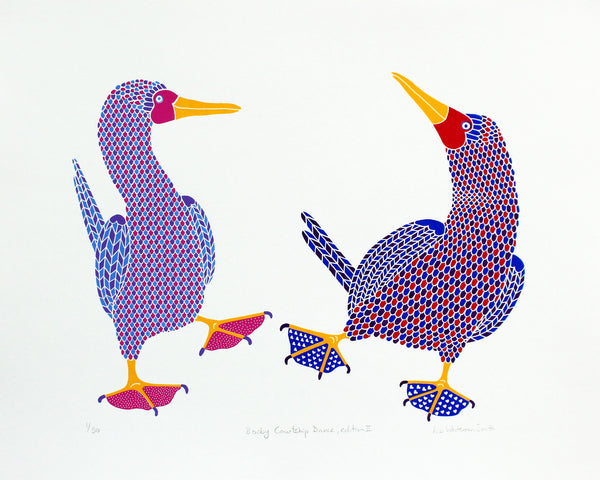 Print of a pair of dancing birds, one with pink, purple and blue with dotty feet and one in red, blue and purple with blue feet with a heart pattern