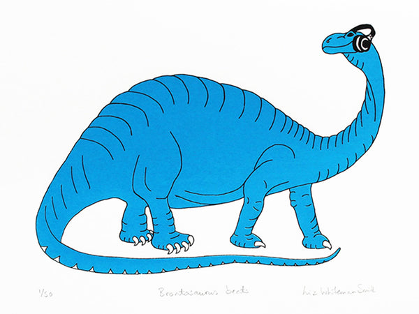 a print of a blue dinosaur listening to music wearing headphones