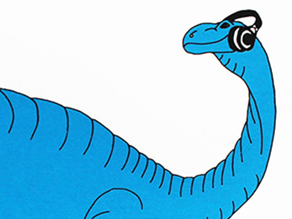 a print of a blue dinosaur listening to music wearing headphones