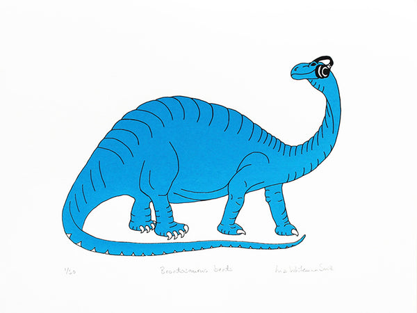 a print of a blue dinosaur listening to music wearing headphones