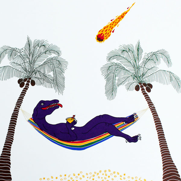 Print of a purple dinosaur lying in a hammock drinking a cocktail on a desert island as a meteor heads towards him