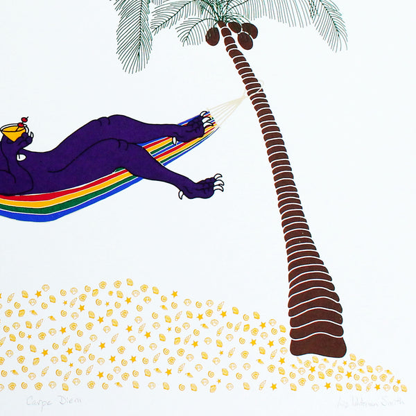 Print of a purple dinosaur lying in a hammock drinking a cocktail on a desert island as a meteor heads towards him