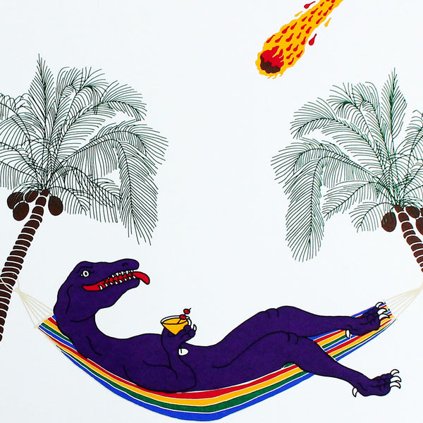 Print of a purple dinosaur lying in a hammock drinking a cocktail on a desert island as a meteor heads towards him
