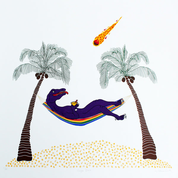 Print of a purple dinosaur lying in a hammock drinking a cocktail on a desert island as a meteor heads towards him