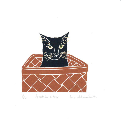 print of a Black cat in a basket 