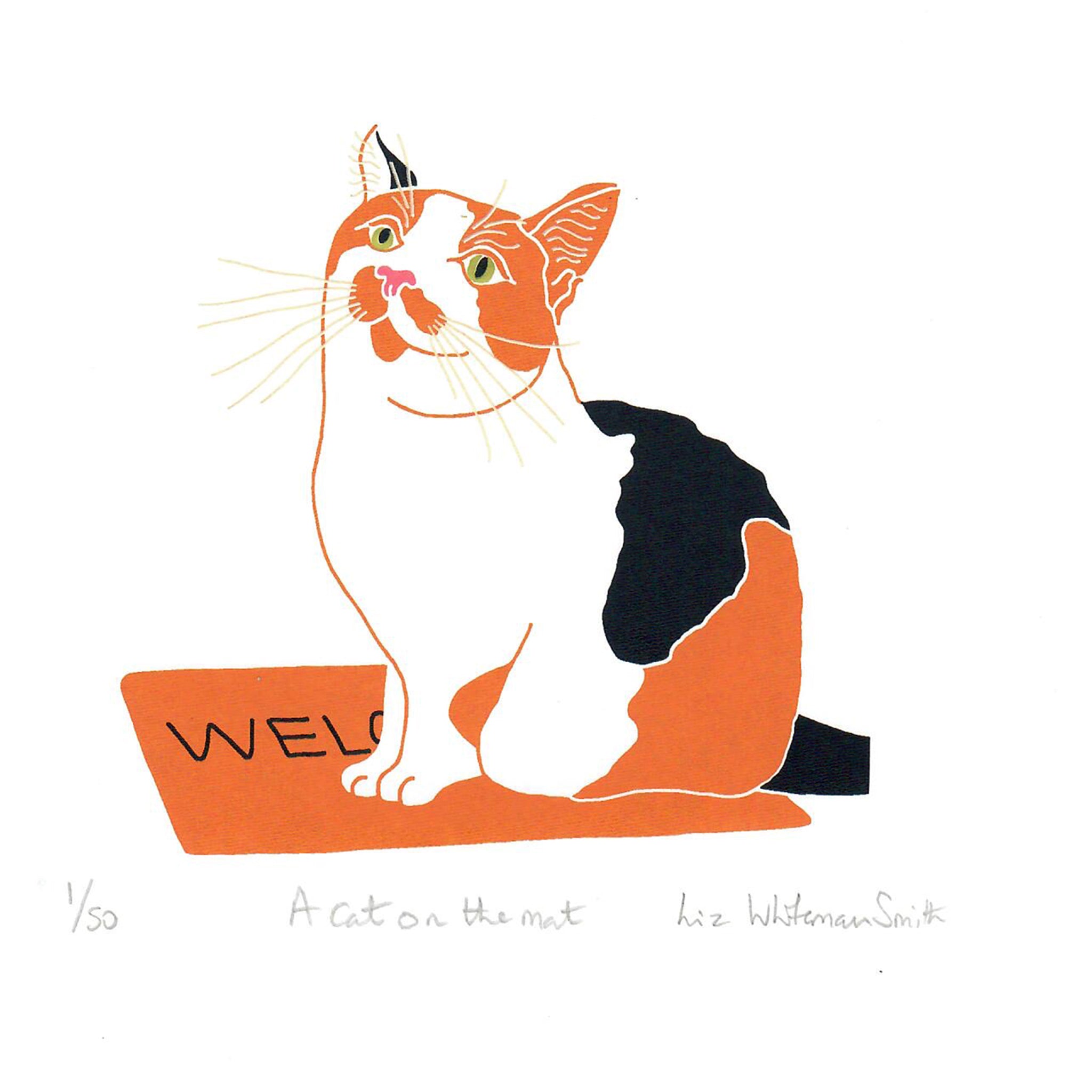 Print of a calico cat sitting on the mat