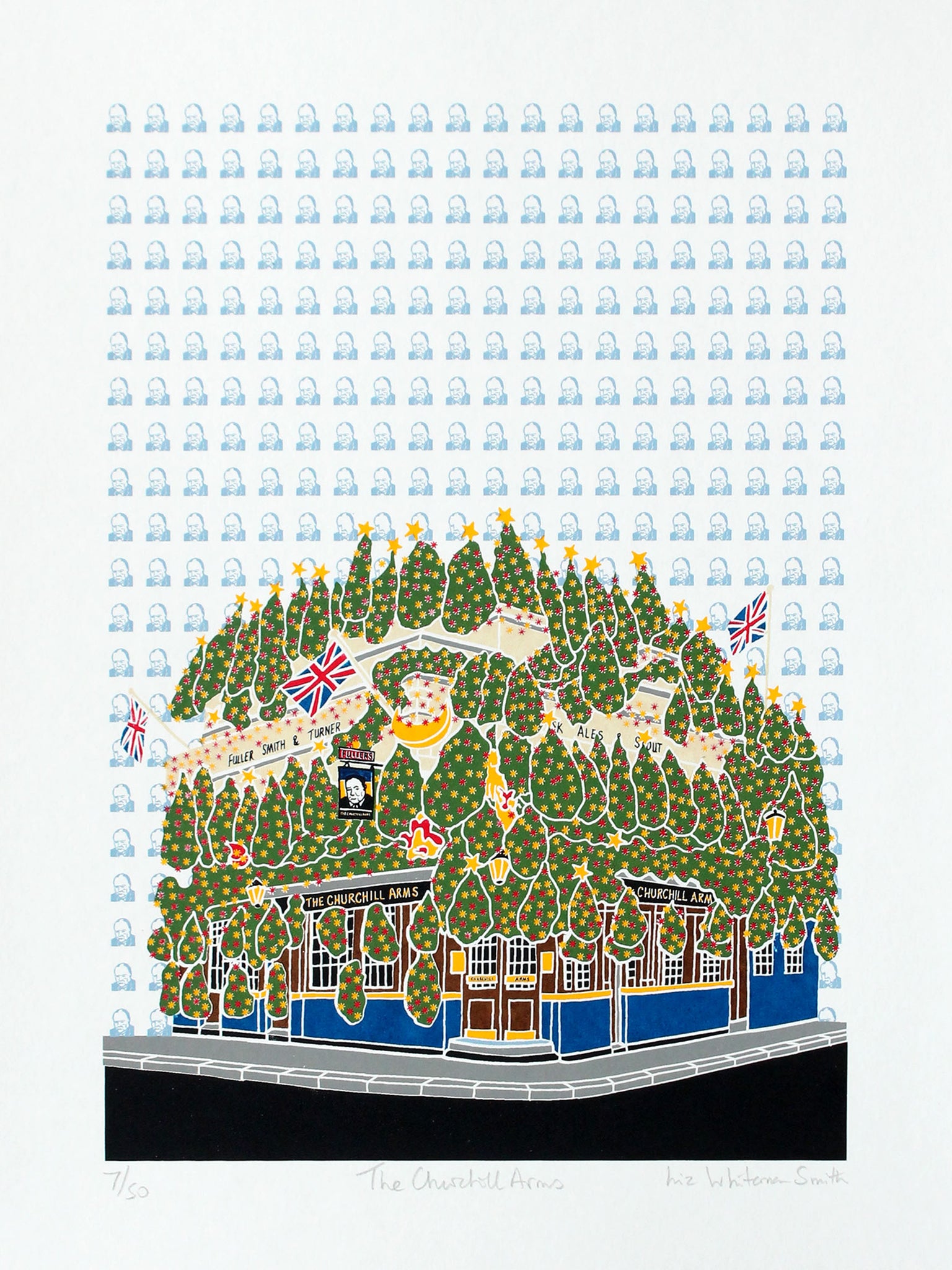 Screen print of the Churchill Arms pub in London with Christmas trees and British flags 