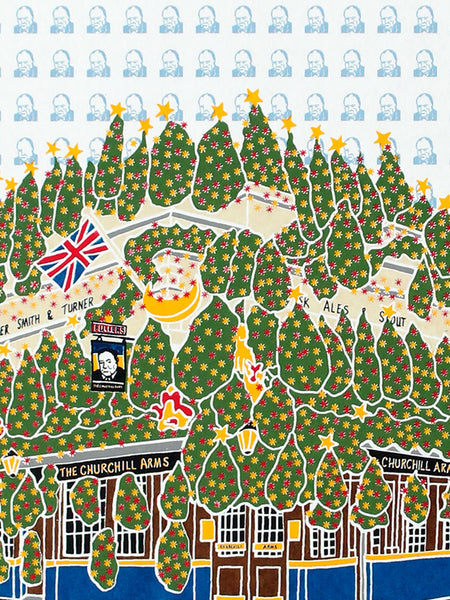 Screen print of the Churchill Arms pub in London with Christmas trees and British flags
