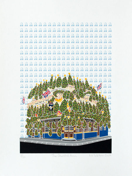 Screen print of the Churchill Arms pub in London with Christmas trees and British flags
