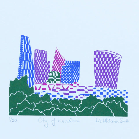 The buildings of the City of London as a colourful print