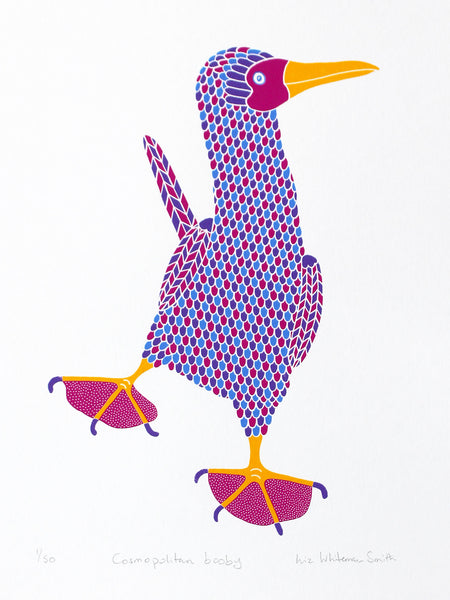 Pink, purple and blue dancing booby bird with pink dotty feet print
