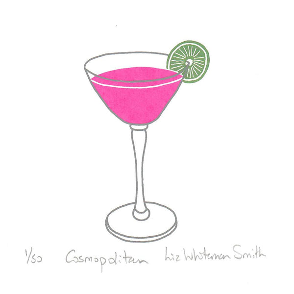 A minimalist print of a pink martini cocktail in a coupe glass, garnished with a green lime wheel, on a white background 