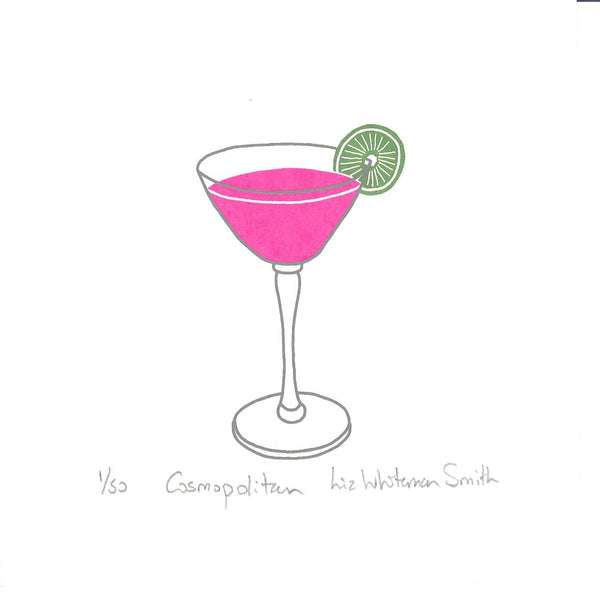 A minimalist print of a pink martini cocktail in a coupe glass, garnished with a green lime wheel, on a white background 