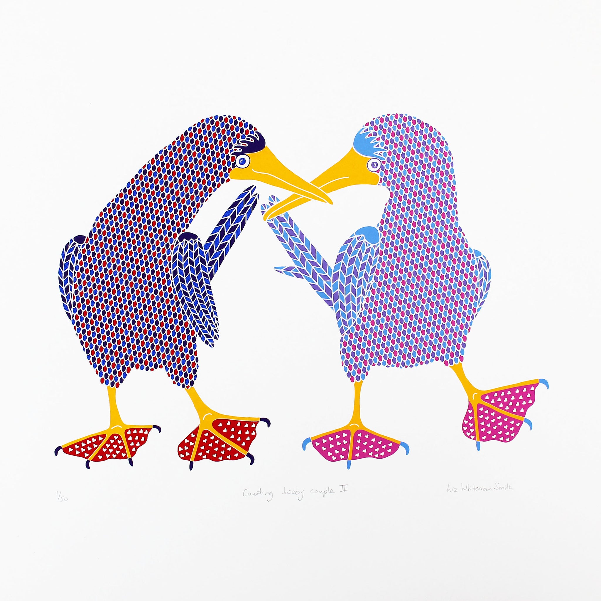 Two brightly coloured blue footed boobies dancing print