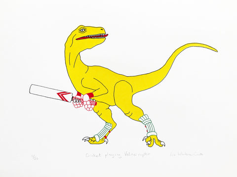 Yellow dinosaur playing cricket print